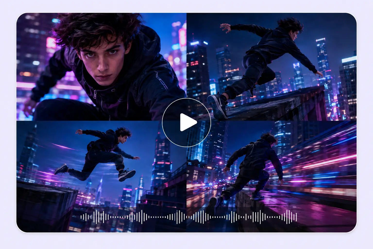 A multi-angle action sequence of a young man parkour running through a neon-lit cyberpunk city, with an audio waveform at the bottom