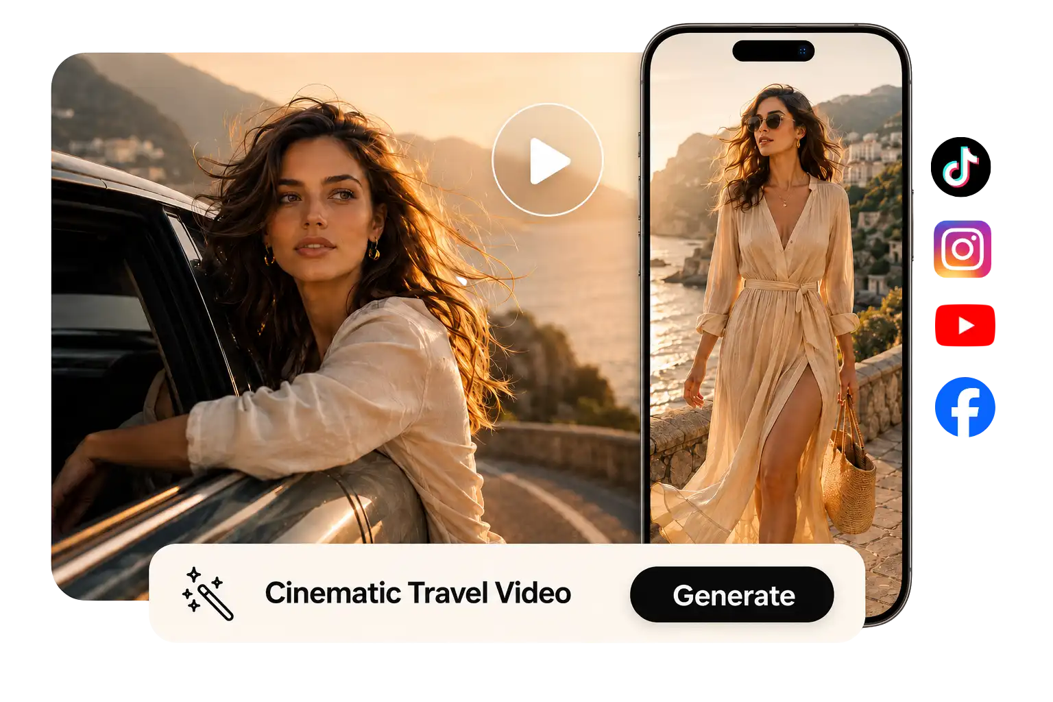 A travel photo of a woman by the Amalfi Coast turns into a cinematic video clip, shown on both a desktop screen and a phone