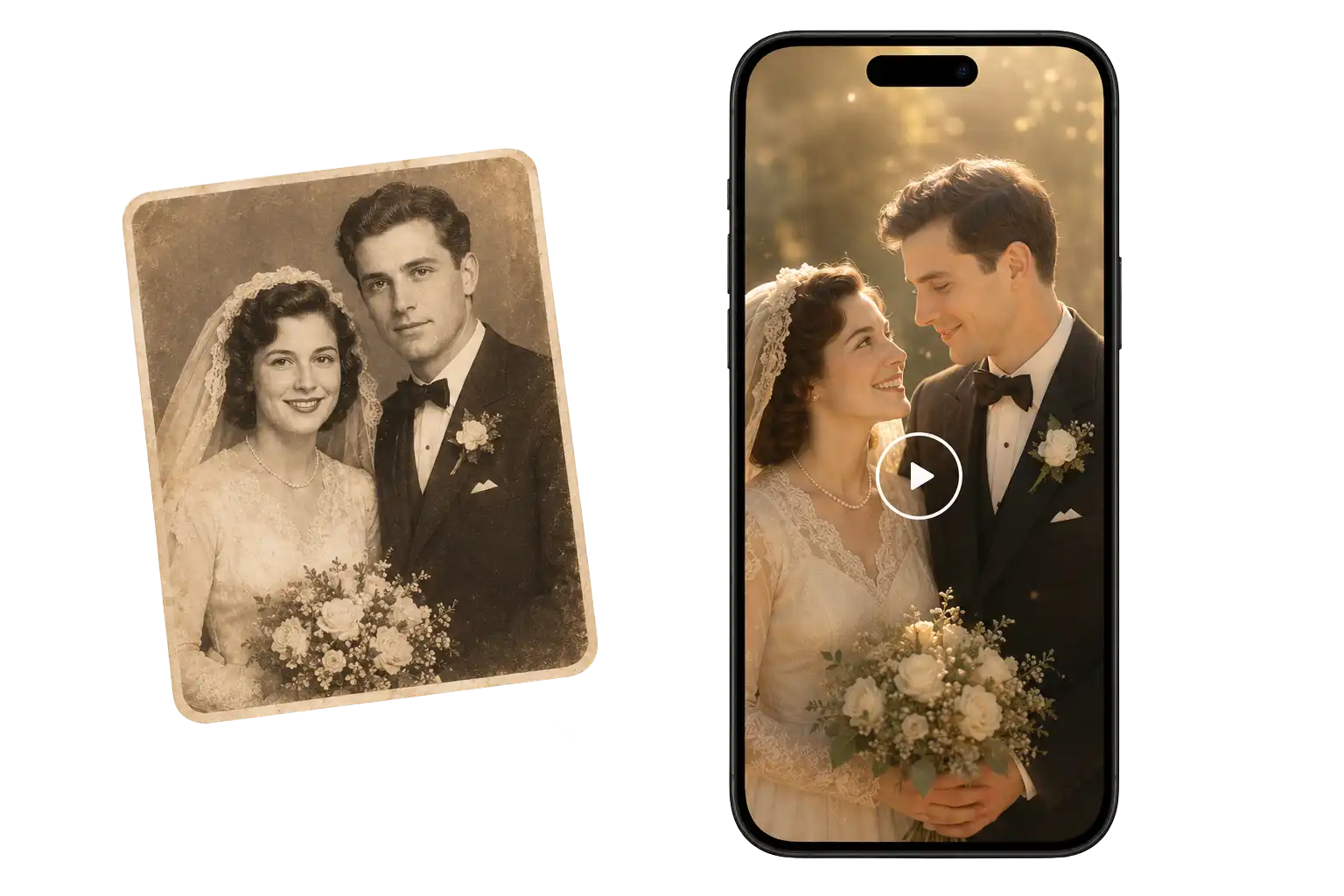 A faded black-and-white wedding photo from the 1950s comes alive as a colorized, animated video on a smartphone screen