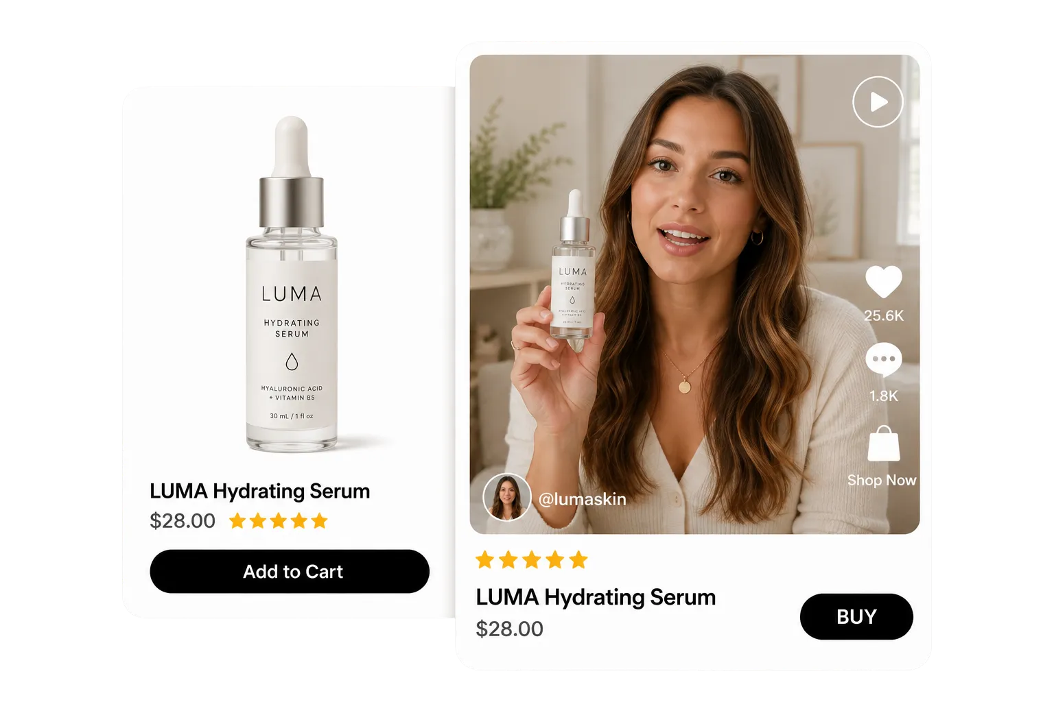 A static skincare product listing becomes a TikTok-style creator video with a woman holding and reviewing the serum