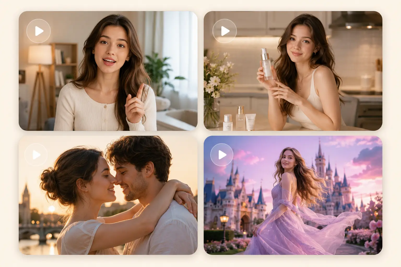 Four AI-generated video scenes: a woman speaking to camera, a skincare product demo, a romantic couple at sunset, and a princess in front of a fantasy castle