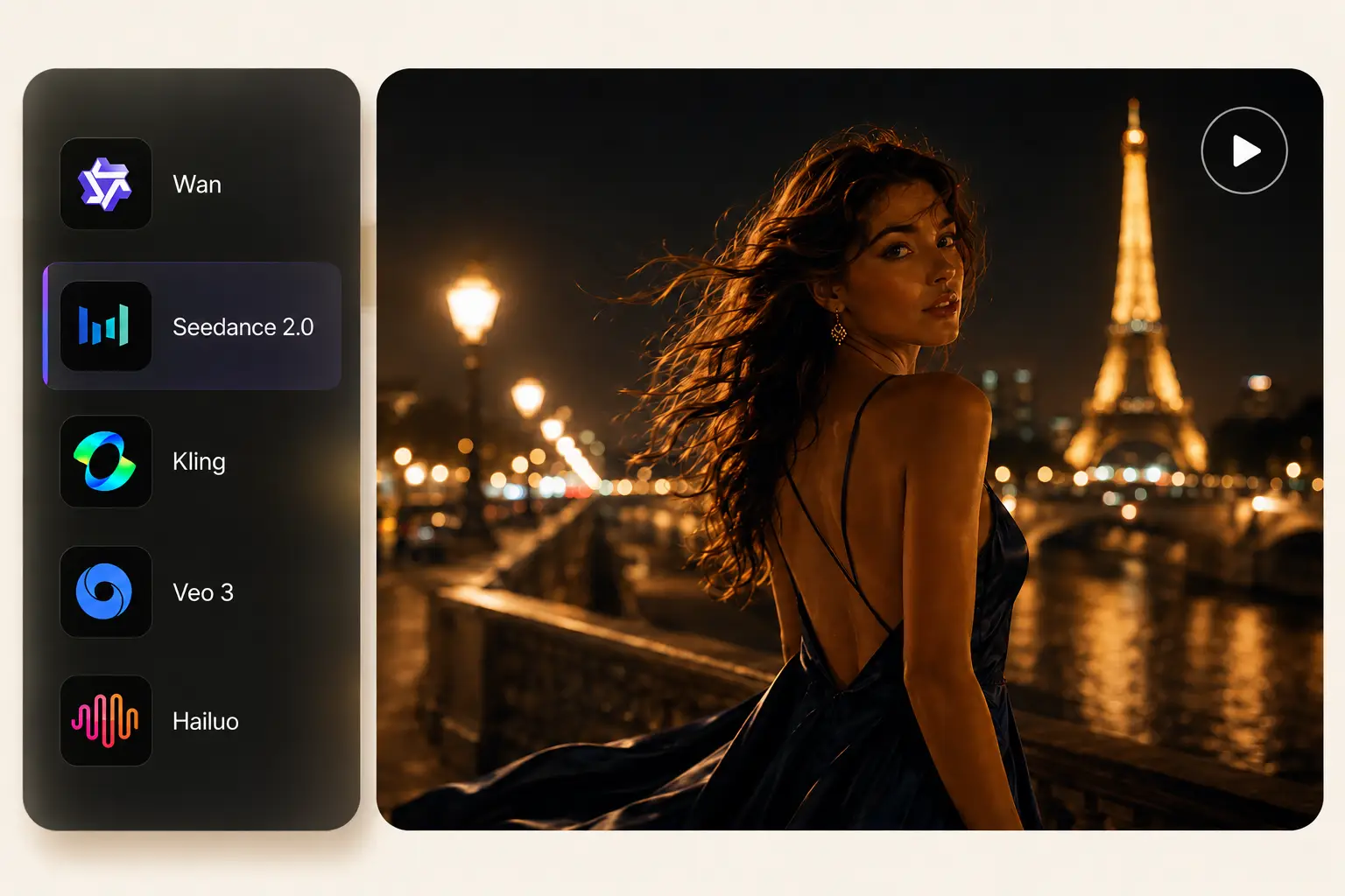 A woman in an evening gown standing by the Seine River at night, with a model selector showing Wan, Seedance 2.0, Kling, Veo 3, and Hailuo
