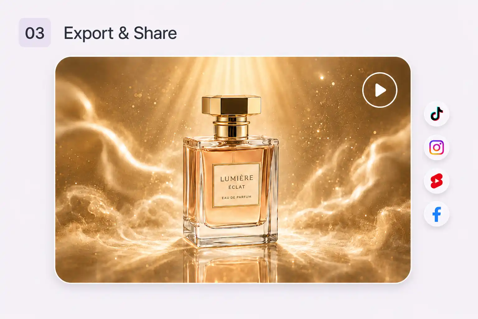 The finished perfume video rendered in golden cinematic lighting, with export icons for TikTok, Instagram, YouTube, and Facebook