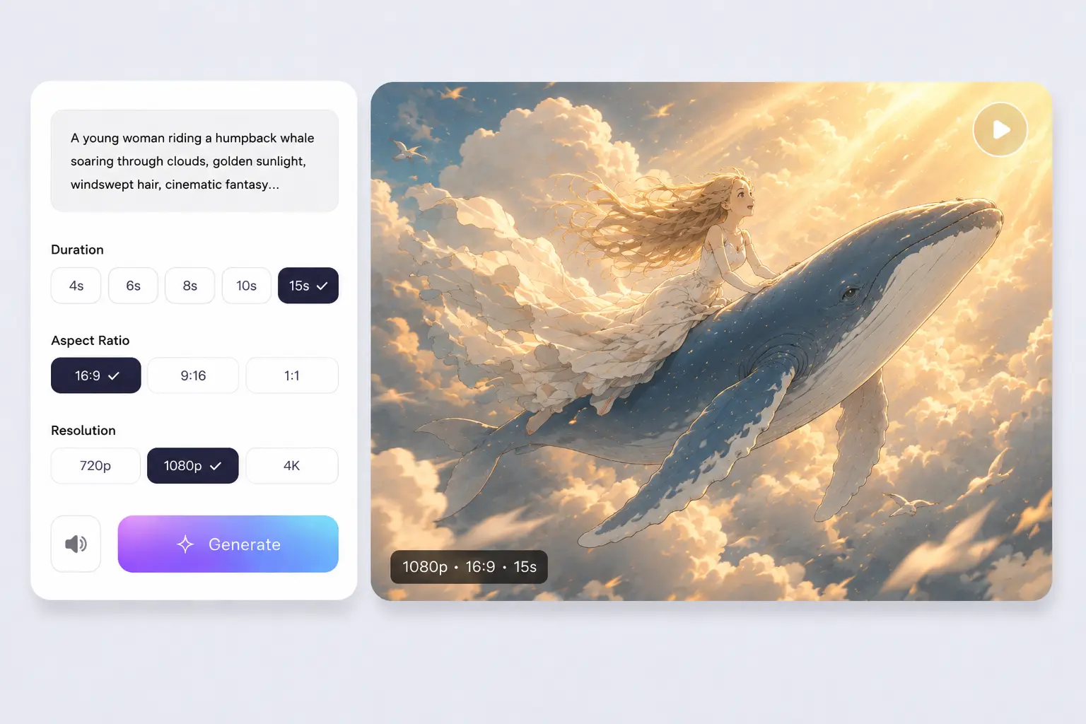 A fantasy scene of a girl riding a humpback whale through golden clouds, with duration, aspect ratio, and resolution controls on the left