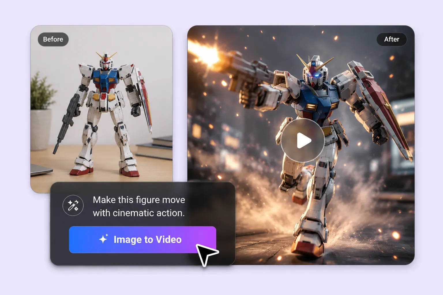 A Gundam figure photo transforms into a cinematic action video with sparks and motion blur, before and after comparison