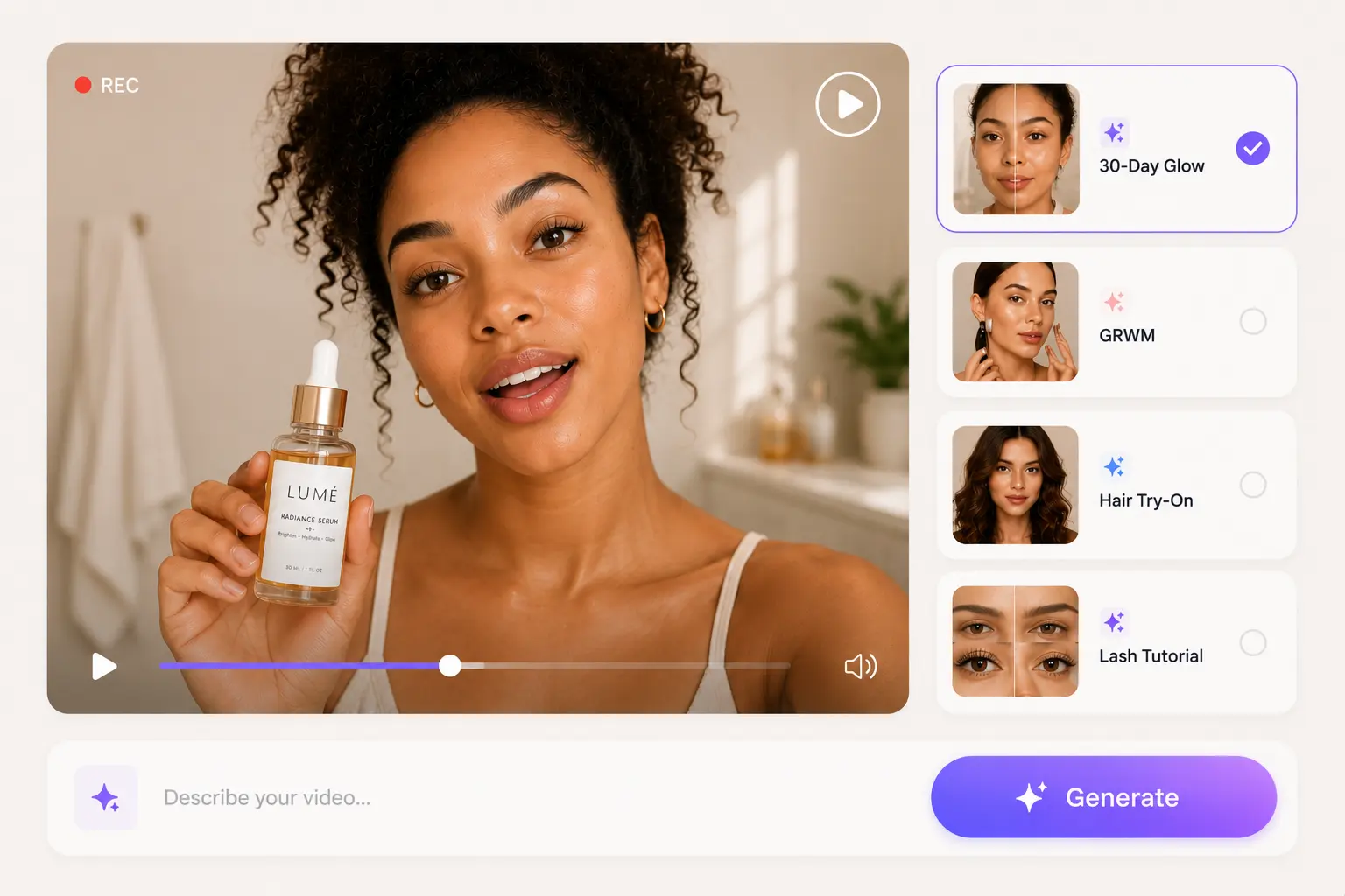 Presentadora con sérum y opciones de formatos de belleza