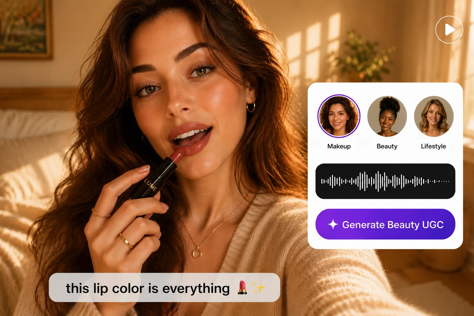 Espacio de belleza con presentadora, labial y opciones de avatar