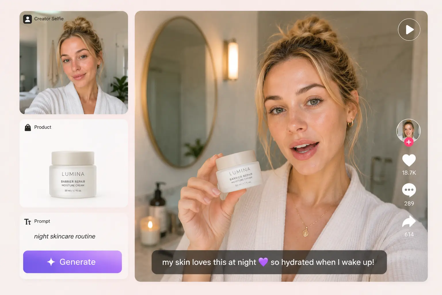 Presentadora con crema facial en una escena nocturna
